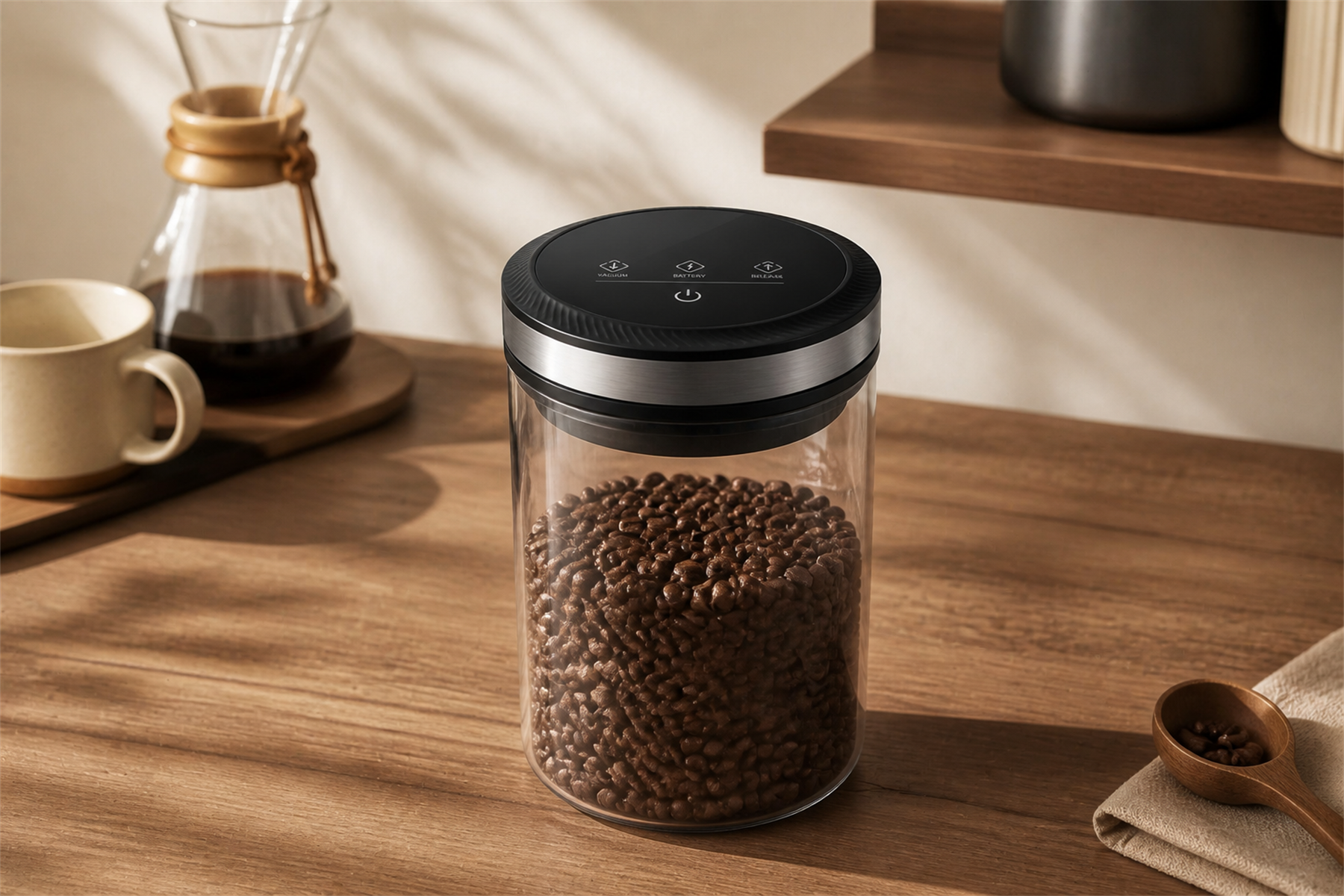Flowcat vacuum coffee canister preserving roasted coffee beans
