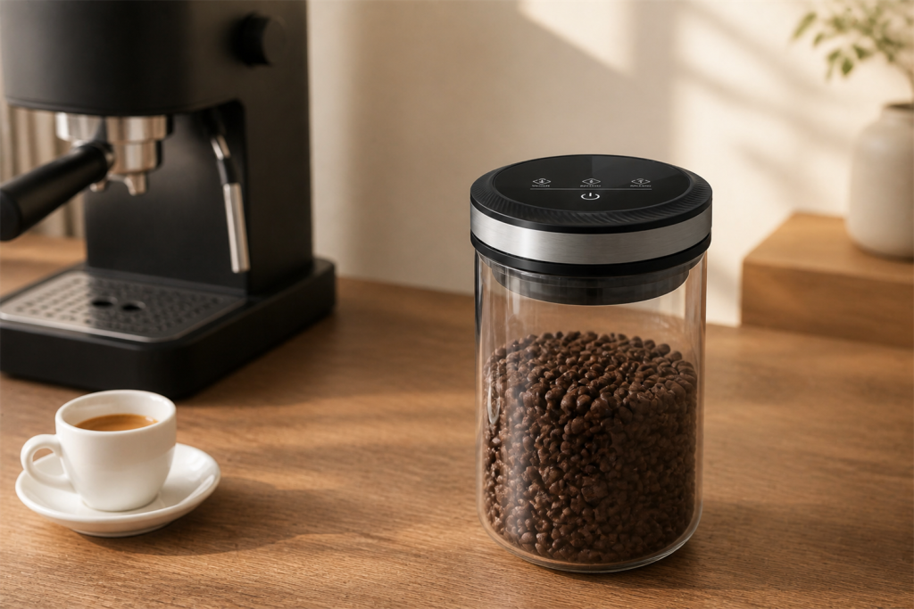 Flowcat vacuum coffee canister beside a home espresso machine