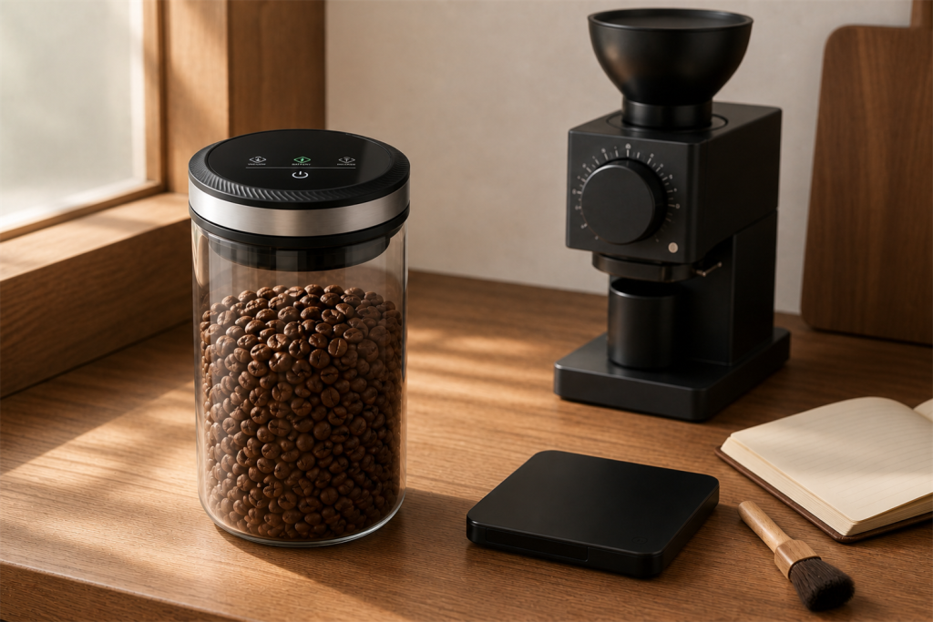 Flowcat vacuum coffee canister in a home barista setup