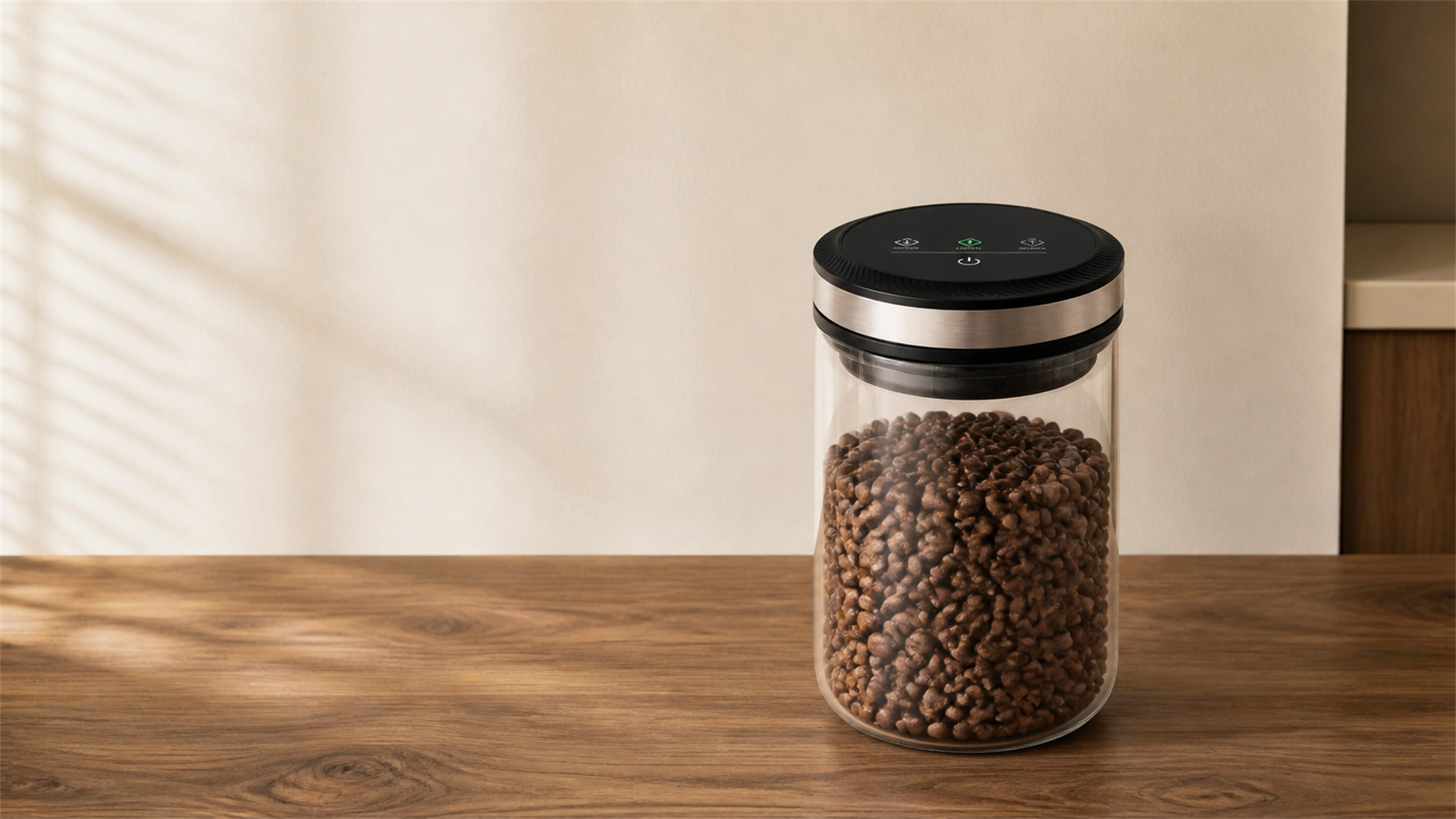 Flowcat automatic vacuum coffee canister on a warm walnut coffee counter