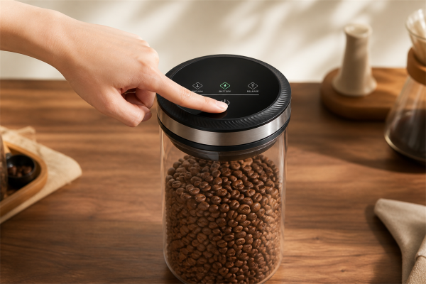 Hand pressing the Flowcat vacuum canister power button