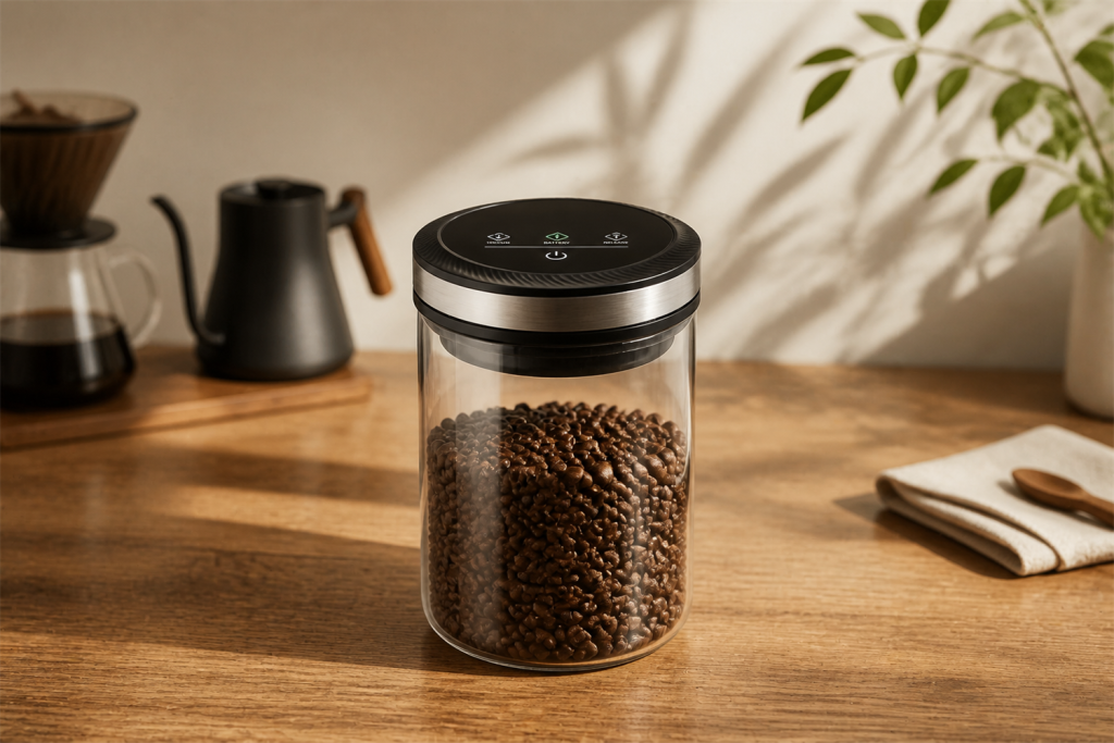 Flowcat vacuum coffee canister in a pour-over coffee setup