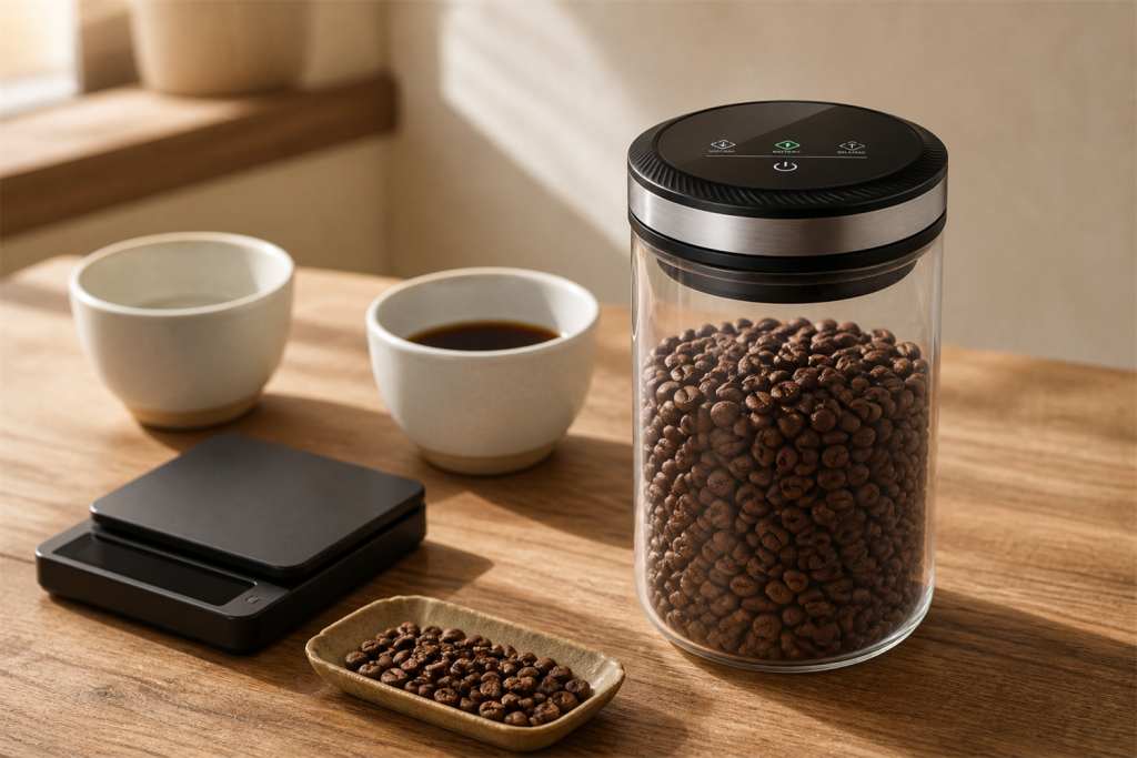 Flowcat vacuum coffee canister with specialty coffee cupping tools