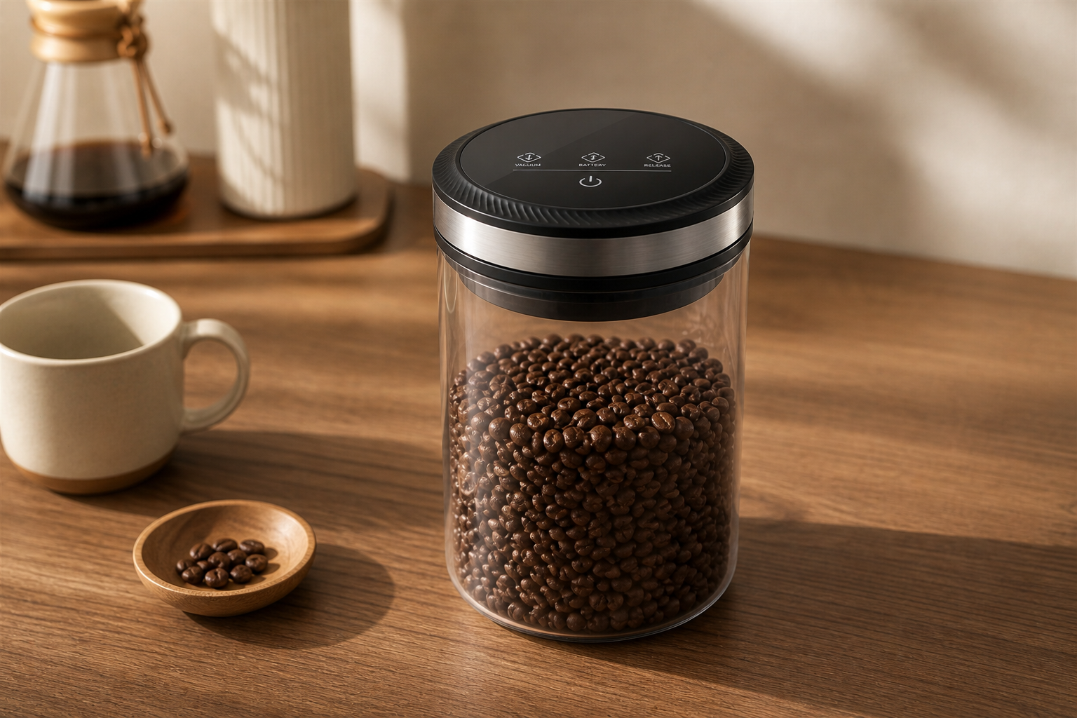 Flowcat vacuum coffee canister preserving freshly roasted coffee beans in a warm coffee setup