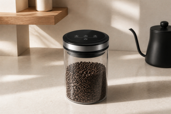 Flowcat vacuum coffee canister in a bright modern minimalist coffee corner