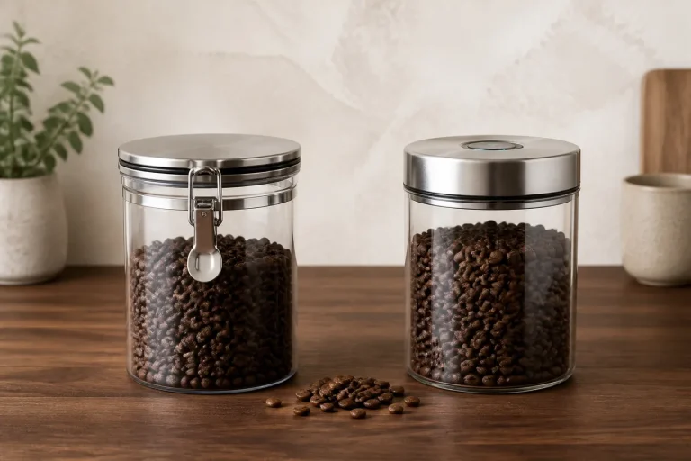 A simple airtight coffee canister beside a modern vacuum canister filled with whole beans.
