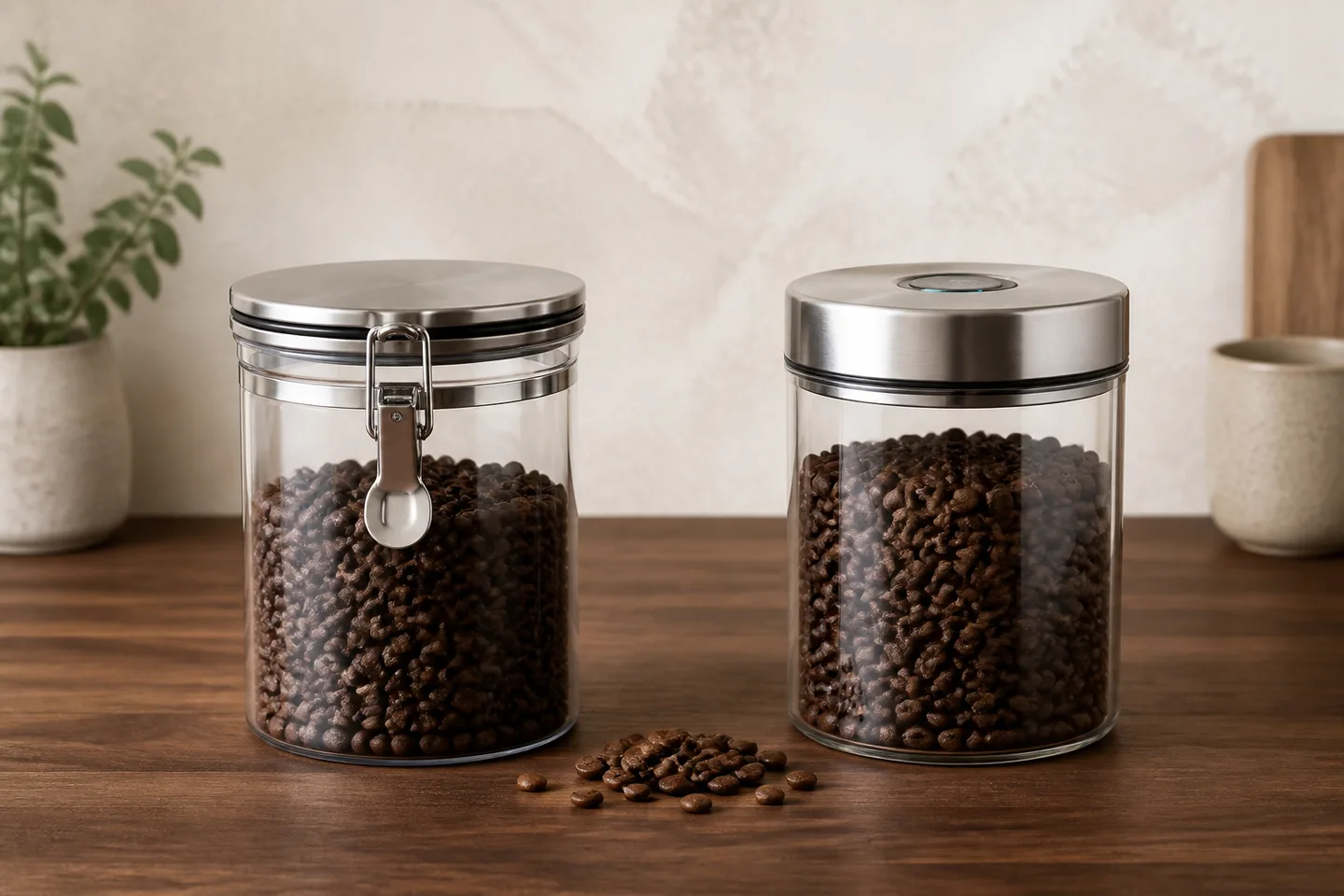 A simple airtight coffee canister beside a modern vacuum canister filled with whole beans.