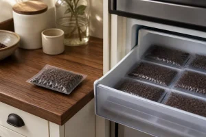 Sealed portions of whole coffee beans beside an open freezer drawer.