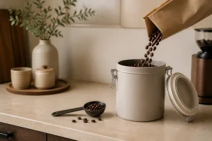 Whole coffee beans being poured into an airtight canister on a warm kitchen counter.